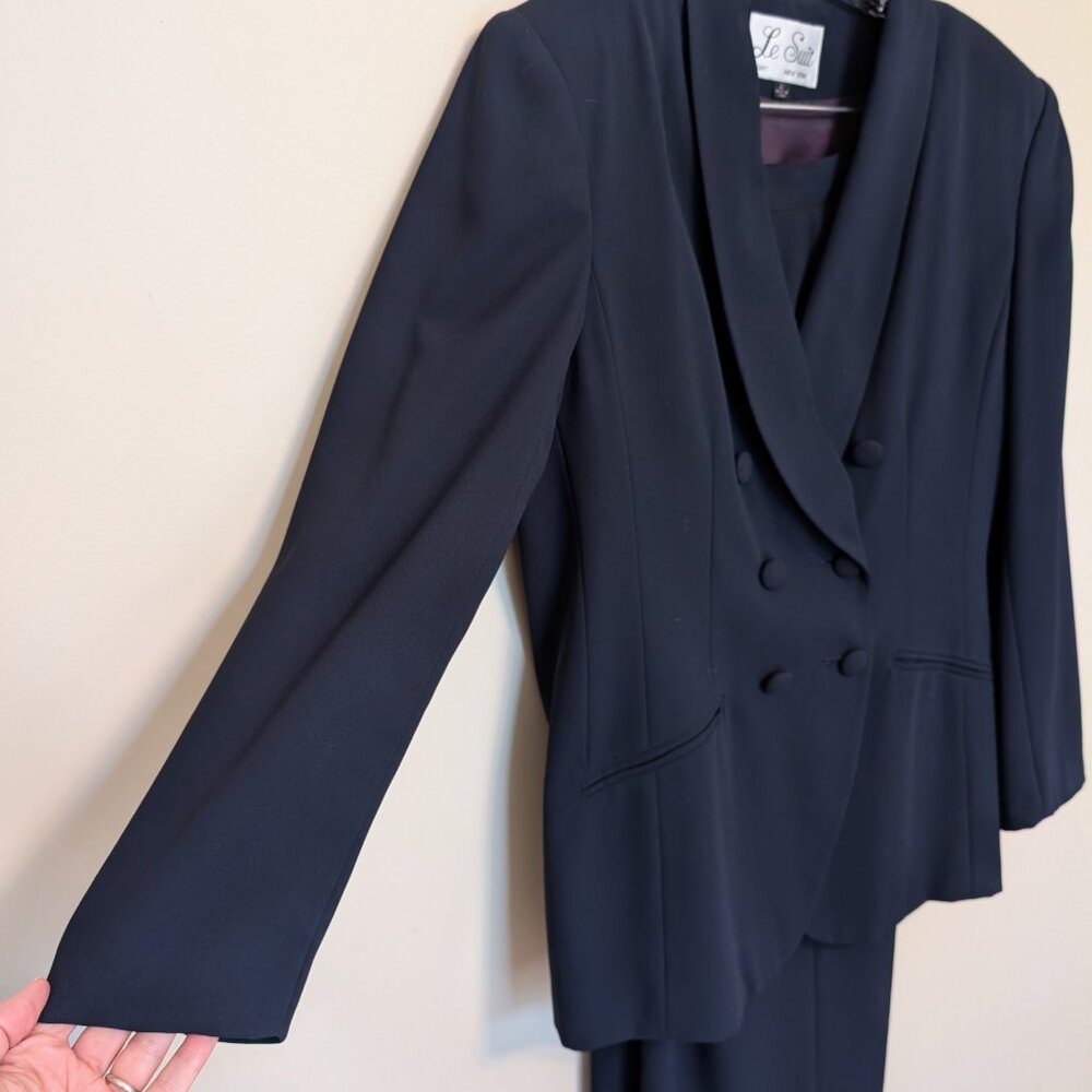 Le Suit Dark Navy Double-Breasted Shawl-Collar Pantsuit - Picture 3 of 16